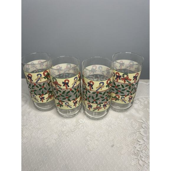 Vintage Candy Canes & Holly Glasses 4 Luminarc Christmas Holiday Glass Tumblers - Picture 1 of 3